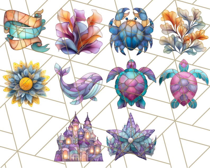 Op de afbeelding: Een set van tien kleurrijke glas-in-lood illustraties met verschillende zeedieren, planten en objecten. De illustraties omvatten een walvis, een krab, een zeeschildpad, een zeester, een kasteel, een bloem, zeewier en een banner.