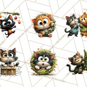 May include: A collection of cartoon cat illustrations in various poses. One black cat is reaching for ornaments on a branch. Other cats are in a wreath, in a box with lights, and hugging. The cats are in shades of orange, black, gray, and white.