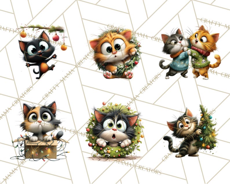 May include: A collection of cartoon cat illustrations in various poses. One black cat is reaching for ornaments on a branch. Other cats are in a wreath, in a box with lights, and hugging. The cats are in shades of orange, black, gray, and white.