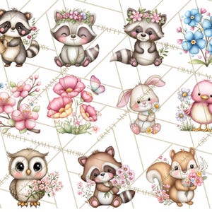 May include: A collection of watercolour illustrations featuring cute woodland animals such as raccoons, a rabbit, an owl, and a squirrel, each decorated with flowers. The image includes various floral arrangements and a butterfly, set against a geometric background.