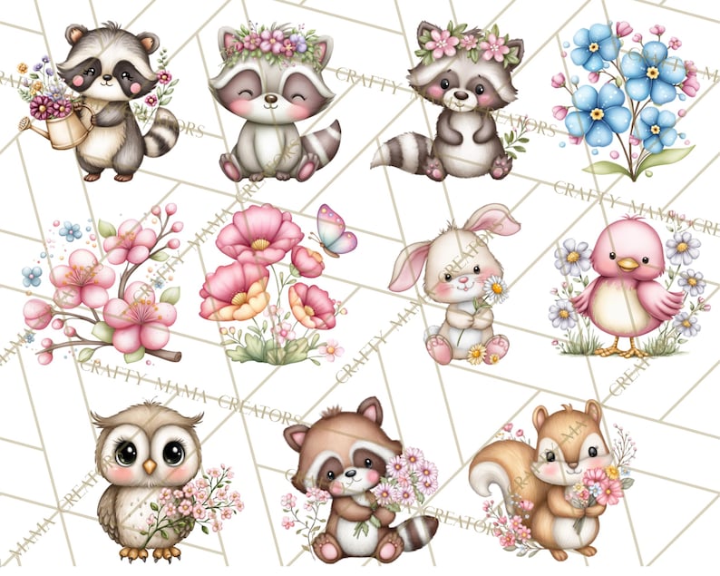 May include: A collection of watercolour illustrations featuring cute woodland animals such as raccoons, a rabbit, an owl, and a squirrel, each decorated with flowers. The image includes various floral arrangements and a butterfly, set against a geometric background.