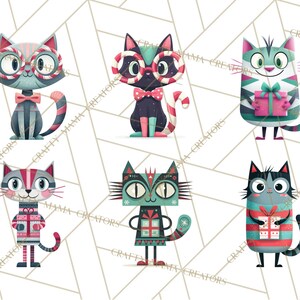 Op de afbeelding: Een verzameling van zes grillige kattenillustraties. Elke kat heeft unieke patronen, brillen en vlinderdassen, sommige houden cadeaus vast. Het kleurenpalet bevat tinten blauw, roze en blauwgroen, wat een feestelijk en speels ontwerp cre&euml;ert.