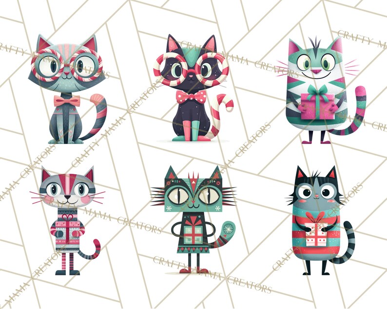 Op de afbeelding: Een verzameling van zes grillige kattenillustraties. Elke kat heeft unieke patronen, brillen en vlinderdassen, sommige houden cadeaus vast. Het kleurenpalet bevat tinten blauw, roze en blauwgroen, wat een feestelijk en speels ontwerp cre&euml;ert.