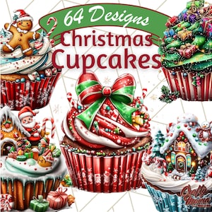 May include: 64 Designs Christmas Cupcakes. A collection of festive cupcakes decorated with gingerbread men, Christmas trees, candy canes, and Santa Claus.