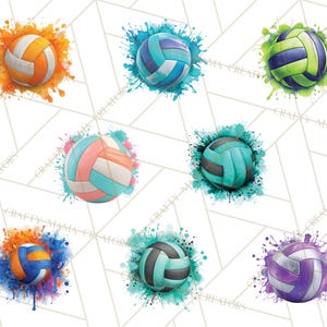 May include: A collection of watercolor-style volleyballs in various colors, including orange, blue, green, pink, and purple. Each ball is surrounded by a splash of matching paint, creating a dynamic and artistic effect. The background is a white geometric pattern.