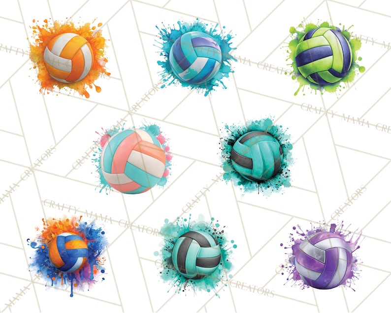 May include: A collection of watercolor-style volleyballs in various colors, including orange, blue, green, pink, and purple. Each ball is surrounded by a splash of matching paint, creating a dynamic and artistic effect. The background is a white geometric pattern.