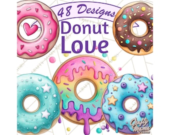48 Png, Whimsical Donut Doodle Clipart PNG, Cute Frosted Donut Sketches with Sprinkles for Stickers, Cards, and Printable Crafts