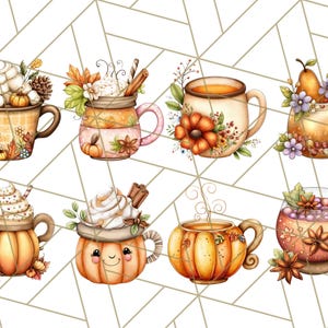 May include: A collection of eight watercolor illustrations of fall-themed drinks. The images feature mugs and glasses filled with beverages, decorated with pumpkins, whipped cream, cinnamon sticks, and fall foliage. The color palette includes warm oranges, browns, and creams.