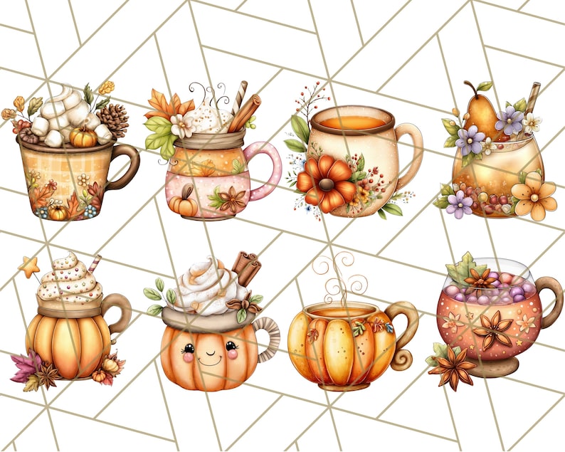 May include: A collection of eight watercolor illustrations of fall-themed drinks. The images feature mugs and glasses filled with beverages, decorated with pumpkins, whipped cream, cinnamon sticks, and fall foliage. The color palette includes warm oranges, browns, and creams.