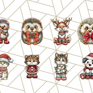 May include: A collection of eight Christmas-themed illustrations featuring adorable animals. The images include hedgehogs, a fox, kittens, and a puppy, all dressed in festive attire like Santa hats, scarves, and holding gifts. The illustrations are set against a geometric background.
