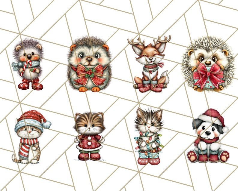 May include: A collection of eight Christmas-themed illustrations featuring adorable animals. The images include hedgehogs, a fox, kittens, and a puppy, all dressed in festive attire like Santa hats, scarves, and holding gifts. The illustrations are set against a geometric background.