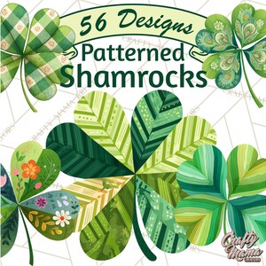May include: A digital graphic featuring 56 patterned shamrock designs in various shades of green. The shamrocks have different patterns, including plaid, floral, and geometric designs. The text "56 Designs Patterned Shamrocks" is displayed in a banner.
