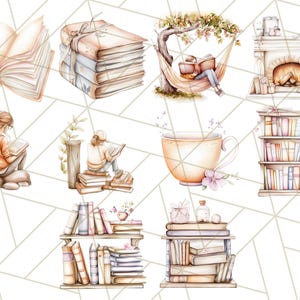 Op de afbeelding: Een aquarel-illustratie van een knusse leeshoek met een open haard, boekenkasten, een hangmat en mensen die lezen. De illustratie toont een stapel boeken, een kopje thee en een boek in een hangmat.