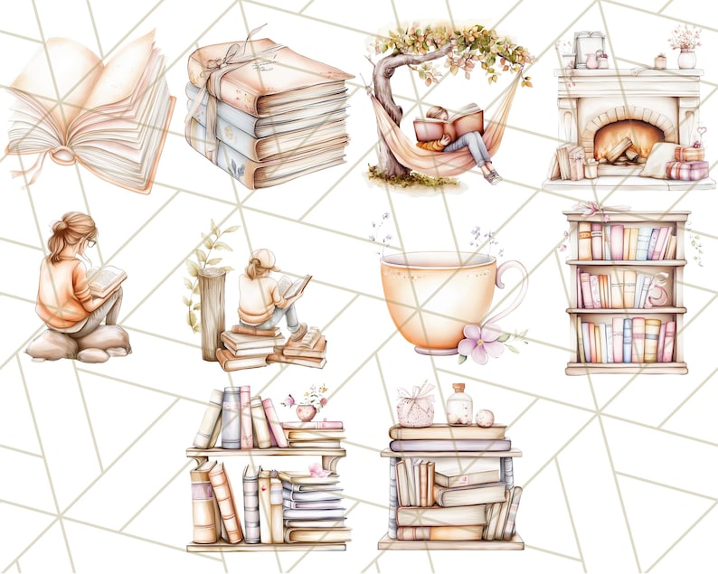 Op de afbeelding: Een aquarel-illustratie van een knusse leeshoek met een open haard, boekenkasten, een hangmat en mensen die lezen. De illustratie toont een stapel boeken, een kopje thee en een boek in een hangmat.