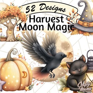May include: Digital art featuring a harvest theme with a pumpkin, tree, witch's hat, black cat, and crow. The text reads "52 Designs Harvest Moon Magic". The artwork has a whimsical style with warm colors and autumn leaves.