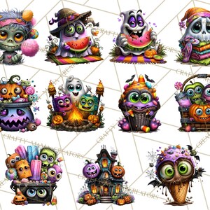 May include: A collection of whimsical Halloween-themed illustrations. The images feature cartoonish characters like ghosts, zombies, and monsters, along with pumpkins, candy, and a haunted house. The color palette includes vibrant oranges, purples, greens, and pinks.