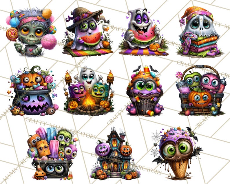 May include: A collection of whimsical Halloween-themed illustrations. The images feature cartoonish characters like ghosts, zombies, and monsters, along with pumpkins, candy, and a haunted house. The color palette includes vibrant oranges, purples, greens, and pinks.