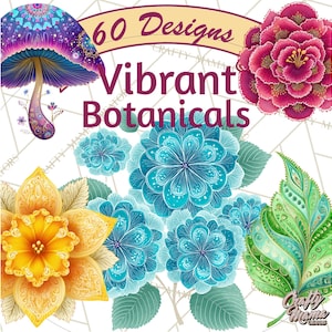 May include: Digital art featuring colorful botanical designs. The image includes a purple mushroom, a pink flower, and several blue and yellow floral arrangements. Text reads "60 Designs Vibrant Botanicals."