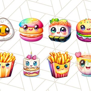Puede incluir: Un conjunto de nueve alimentos de dibujos animados con caras lindas. Los art&iacute;culos incluyen un huevo frito, un macarr&oacute;n arco&iacute;ris, un rollo de sushi, una hamburguesa, papas fritas, un pastel de cumplea&ntilde;os, una taza de caf&eacute; y dos cajas de papas fritas.