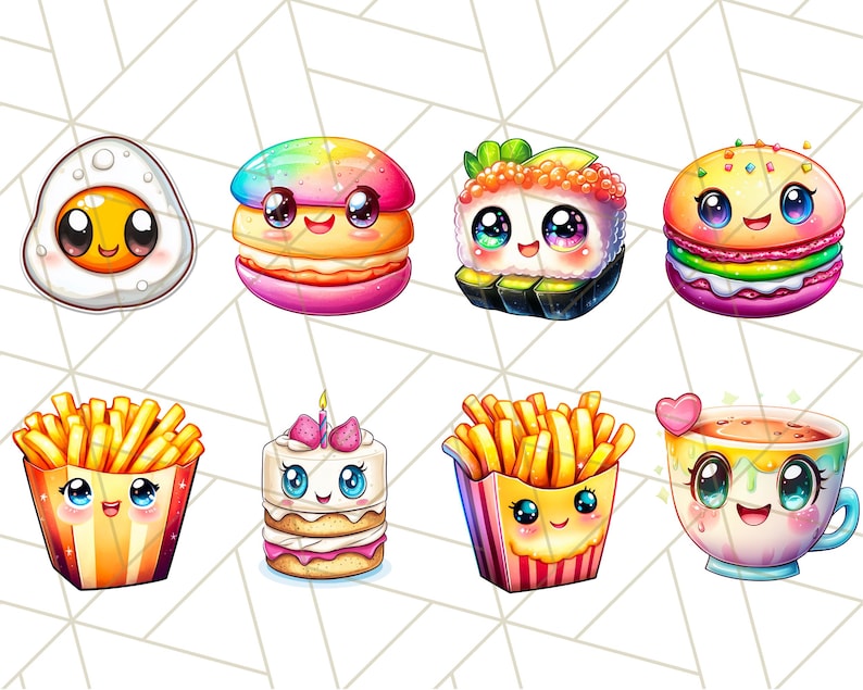 Puede incluir: Un conjunto de nueve alimentos de dibujos animados con caras lindas. Los art&iacute;culos incluyen un huevo frito, un macarr&oacute;n arco&iacute;ris, un rollo de sushi, una hamburguesa, papas fritas, un pastel de cumplea&ntilde;os, una taza de caf&eacute; y dos cajas de papas fritas.