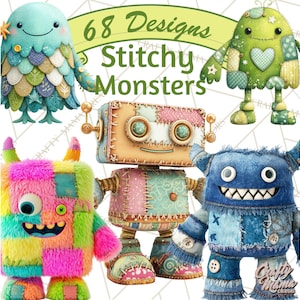 May include: A collection of colorful, stitched monster designs. The monsters are various shapes and sizes, with patchwork details, buttons, and whimsical features. The image includes text that reads "68 Designs Stitchy Monsters".