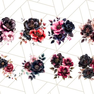 May include: Eight watercolor floral bouquets with dark blue, pink, and red flowers. The bouquets are arranged in a grid pattern on a white background.