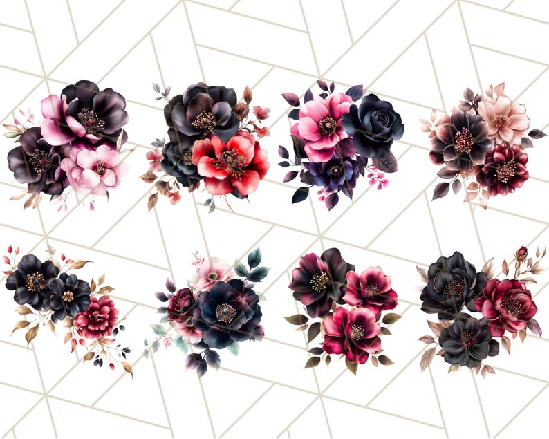 May include: Eight watercolor floral bouquets with dark blue, pink, and red flowers. The bouquets are arranged in a grid pattern on a white background.