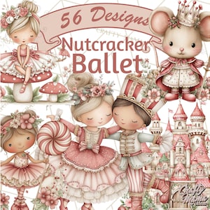 May include: A digital illustration featuring 56 designs of Nutcracker Ballet characters. The image showcases ballerinas, a mouse king, and a toy soldier, all in soft pink and white tones. The text "56 Designs Nutcracker Ballet" is displayed at the top.