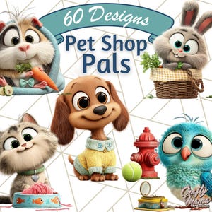 Pet Shop Clipart, Cute Pets with Big Eyes Clip Art, Cartoon Animal Illustrations, Puppy Kitten Rabbit Graphics, Kawaii Pet PNGs