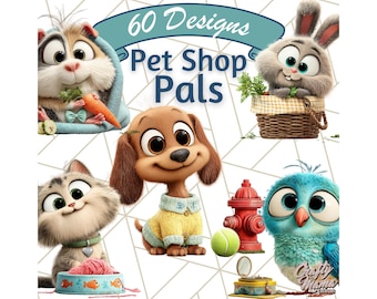 Pet Shop Clipart, Cute Pets with Big Eyes Clip Art, Cartoon Animal Illustrations, Puppy Kitten Rabbit Graphics, Kawaii Pet PNGs