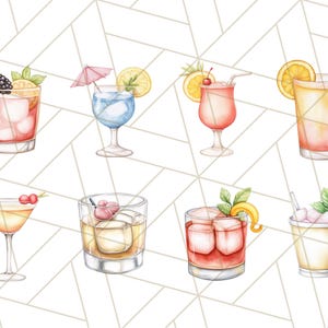 K&ouml;nnte beinhalten: Aquarell-Illustration von acht verschiedenen Cocktails. Die Getr&auml;nke befinden sich in verschiedenen Gl&auml;sern, garniert mit Fr&uuml;chten, Minze und kleinen Schirmen. Die Farbpalette umfasst Rosa-, Gelb- und Blaut&ouml;ne, wobei Eisw&uuml;rfel sichtbar sind.