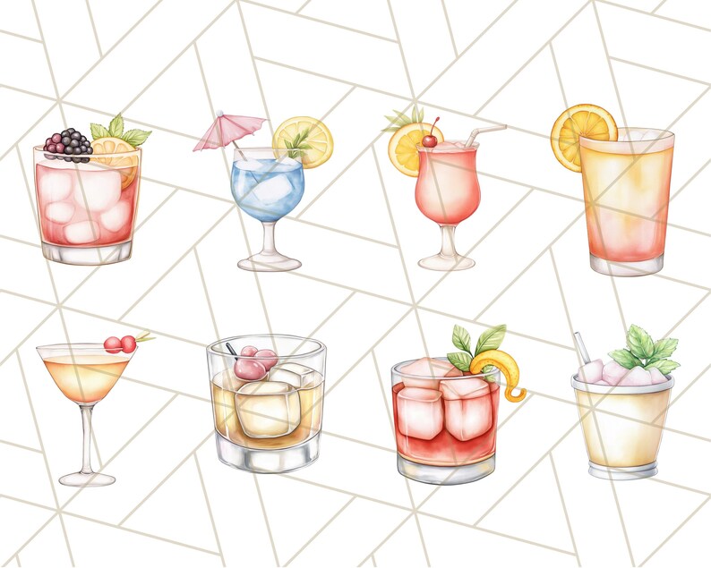 K&ouml;nnte beinhalten: Aquarell-Illustration von acht verschiedenen Cocktails. Die Getr&auml;nke befinden sich in verschiedenen Gl&auml;sern, garniert mit Fr&uuml;chten, Minze und kleinen Schirmen. Die Farbpalette umfasst Rosa-, Gelb- und Blaut&ouml;ne, wobei Eisw&uuml;rfel sichtbar sind.