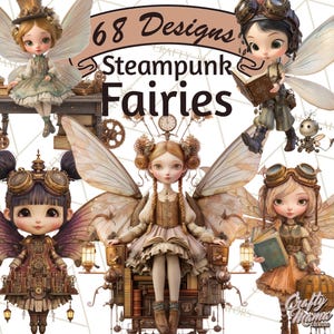 68 Png Steampunk Fairy Clipart, Mechanical Mini World, Fairy Dolls with Wings, Tiny Airships, Whimsical Library Scenes, Fantasy Crafting