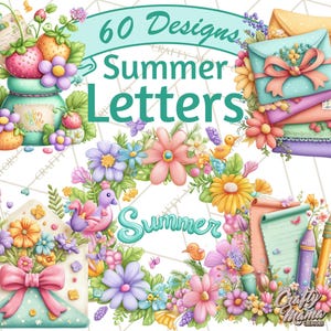 May include: A colorful digital art piece with the text "60 Designs Summer Letters." The image features floral arrangements, envelopes, strawberries, and a jar. The color palette includes pink, blue, yellow, and green.