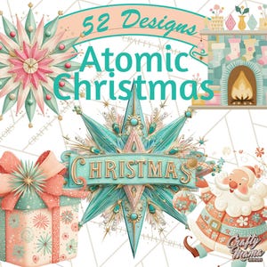 52 Png, Atomic Christmas PNG, Mid Century Modern Christmas Clipart, Retro Holiday Clip Art, 1950s Starburst Ornaments, Vintage Xmas Graphics