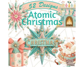 May include: A digital graphic with the text "52 Designs Atomic Christmas" in teal. The image features a starburst, a gift box with a bow, a fireplace, and Santa Claus, all in a retro color palette of teal, pink, and gold.