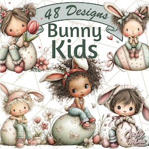 Puede incluir: Ilustración digital con seis adorables niños de dibujos animados vestidos de conejitos, sentados sobre huevos de Pascua decorados. La imagen incluye el texto "48 Designs Bunny Kids" en una pancarta. Los colores pastel suaves y los acentos florales crean un tema primaveral caprichoso.
