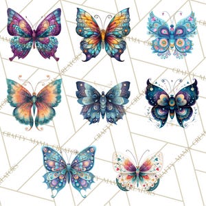 Puede incluir: Siete ilustraciones de mariposas en acuarela en varios colores, incluyendo morado, azul, naranja y verde azulado. Cada mariposa tiene patrones y dise&ntilde;os &uacute;nicos, con detalles intrincados en las alas. Las mariposas est&aacute;n dispuestas sobre un fondo blanco con un patr&oacute;n geom&eacute;trico.