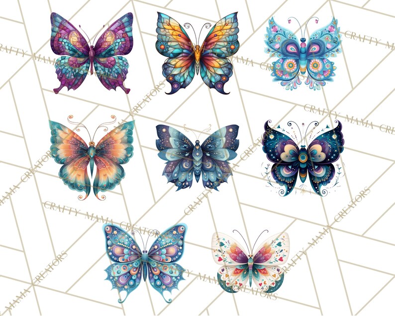 Puede incluir: Siete ilustraciones de mariposas en acuarela en varios colores, incluyendo morado, azul, naranja y verde azulado. Cada mariposa tiene patrones y dise&ntilde;os &uacute;nicos, con detalles intrincados en las alas. Las mariposas est&aacute;n dispuestas sobre un fondo blanco con un patr&oacute;n geom&eacute;trico.