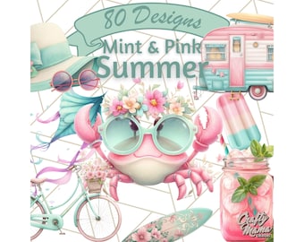 Pink and Mint Summer Clipart PNG, Tropical Beach Clip Art, Cute Pastel Summer Graphics, Retro Vacation Aesthetic, Coastal Digital Art Png