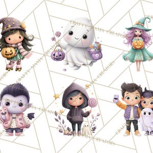 Peut inclure: Plusieurs illustrations sur le th&egrave;me d'Halloween. Les images pr&eacute;sentent des personnages mignons d&eacute;guis&eacute;s en sorci&egrave;re, vampire, fant&ocirc;me et autres cr&eacute;atures effrayantes. Chaque personnage tient des objets li&eacute;s &agrave; Halloween, comme des citrouilles et des bonbons.