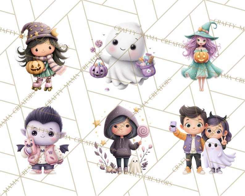 Peut inclure: Plusieurs illustrations sur le th&egrave;me d'Halloween. Les images pr&eacute;sentent des personnages mignons d&eacute;guis&eacute;s en sorci&egrave;re, vampire, fant&ocirc;me et autres cr&eacute;atures effrayantes. Chaque personnage tient des objets li&eacute;s &agrave; Halloween, comme des citrouilles et des bonbons.