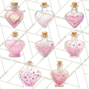 May include: A collection of heart-shaped glass bottles with cork stoppers, filled with pink and purple liquids and decorative elements. Some bottles feature hearts, swirls, and labels. The bottles are arranged on a white background with a geometric pattern.