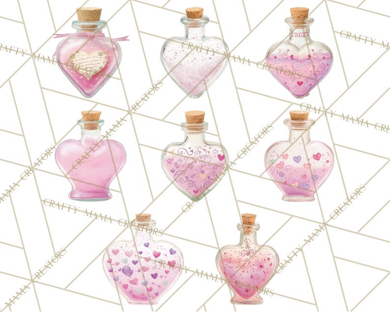 May include: A collection of heart-shaped glass bottles with cork stoppers, filled with pink and purple liquids and decorative elements. Some bottles feature hearts, swirls, and labels. The bottles are arranged on a white background with a geometric pattern.