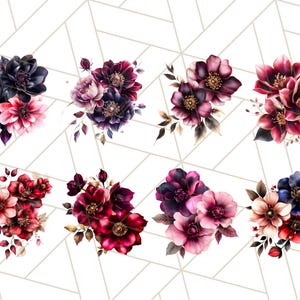 May include: Nine watercolor floral arrangements featuring burgundy, pink, and purple flowers with gold accents. The flowers are arranged in a bouquet style with green leaves and stems.