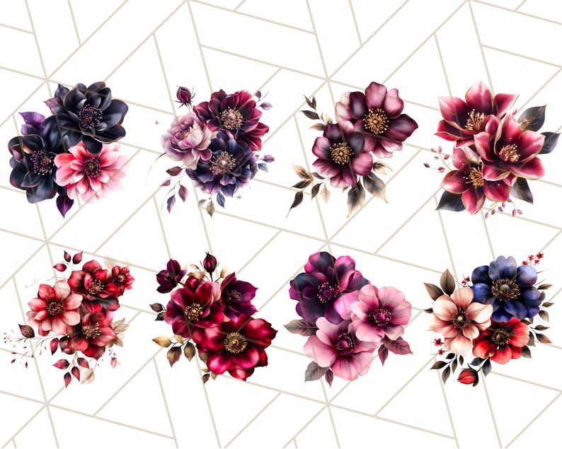 May include: Nine watercolor floral arrangements featuring burgundy, pink, and purple flowers with gold accents. The flowers are arranged in a bouquet style with green leaves and stems.