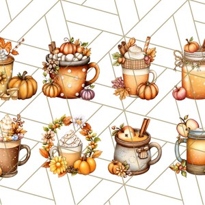 May include: Watercolor illustration of eight fall-themed mugs and mason jars. Each is filled with a warm beverage and decorated with pumpkins, cinnamon sticks, whipped cream, and fall foliage. The mugs and jars are in shades of orange, brown, and yellow.