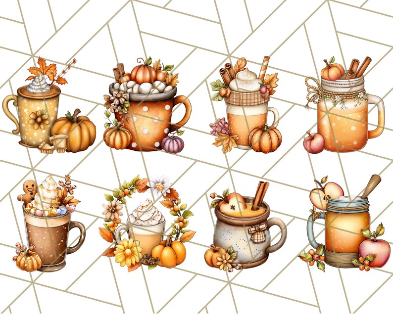 May include: Watercolor illustration of eight fall-themed mugs and mason jars. Each is filled with a warm beverage and decorated with pumpkins, cinnamon sticks, whipped cream, and fall foliage. The mugs and jars are in shades of orange, brown, and yellow.