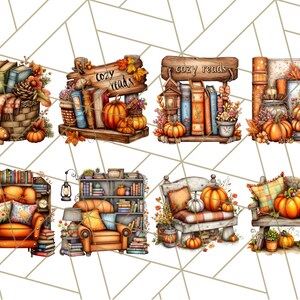May include: Watercolor illustrations of cozy autumn scenes. The images feature books, pumpkins, fall foliage, and furniture like chairs and benches. Some images include the text "cozy reads". The color palette is warm, with oranges, browns, and greens.