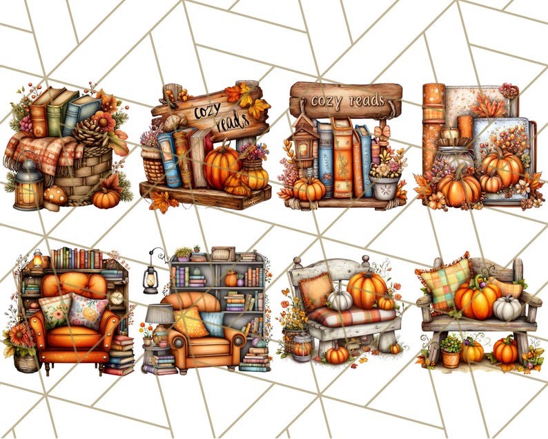 May include: Watercolor illustrations of cozy autumn scenes. The images feature books, pumpkins, fall foliage, and furniture like chairs and benches. Some images include the text "cozy reads". The color palette is warm, with oranges, browns, and greens.
